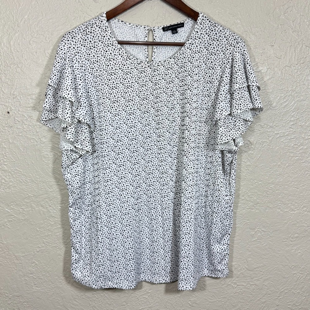 Adrianna Papell Blouse Large Ruffle Pleated Pin Dot Geo White Black Career Work